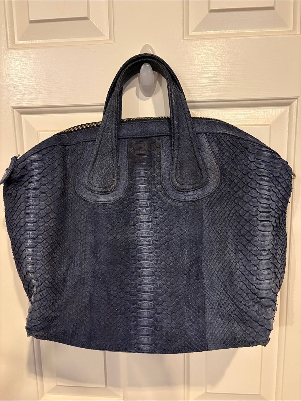 HUNTING SEASON Snakeskin Leather Navy Top-Handle Satchel, Large